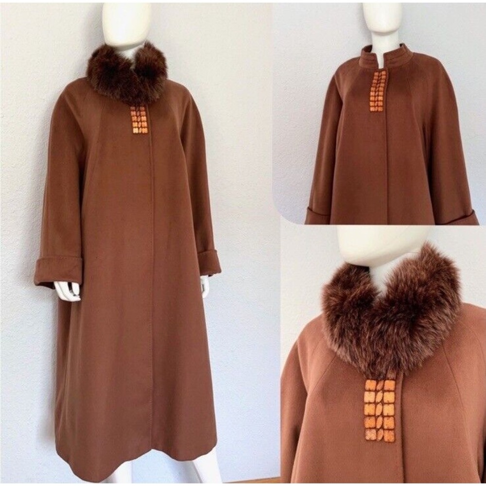🔥$1200 NWT WOMEN PLUS SIZE LONG COAT REAL RACCOON‎ FUR OVERSIZED WOOL/CASHMERE